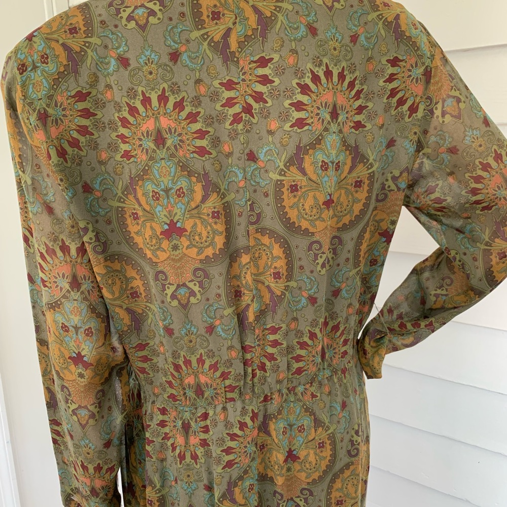 Vintage 80s Olive Green Silk Print Dress 10 Long Sleeve - Picture 12 of 12